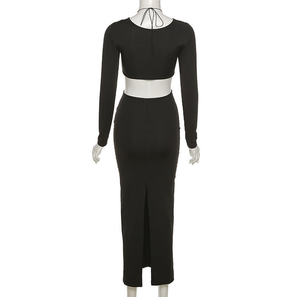 Vestido Longo Justo com Decote V Recorte na Cintura Manga Longa Preto