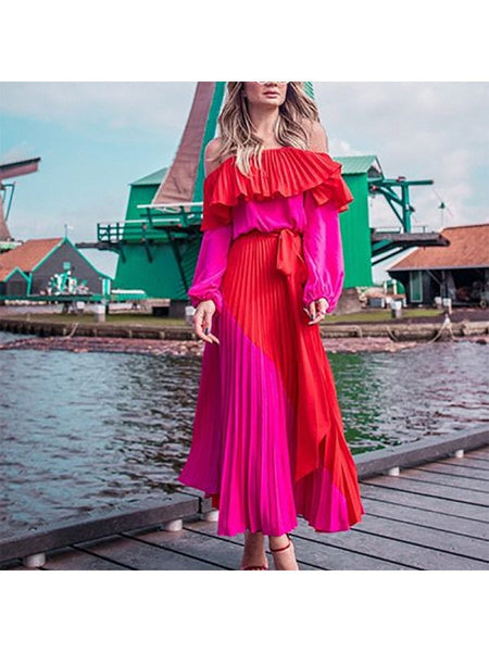 Off-the-Shoulder Long Sleeve Color Block Pleated Maxi Dress