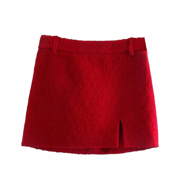 Conjunto de Lã Vermelho Blazer Curto Manga Longa e Saia Curta