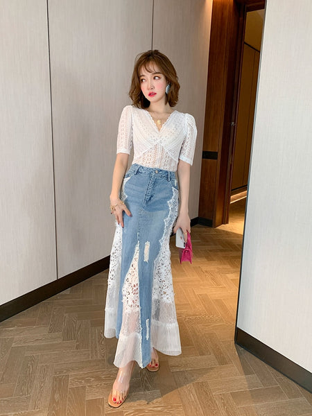 Custom Long Jean Skirt with Lace