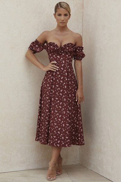Vestido Midi Floral Ombro a Ombro Decote V com Fenda