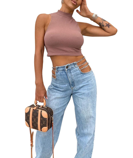 Calça Jeans Cintura Alta com Decoração em Corrente