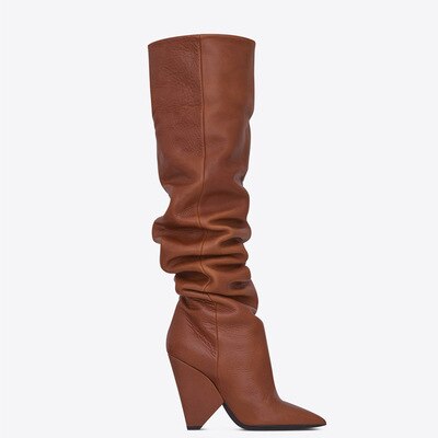 Bota de Couro Over The Knee Salto Alto de Cone