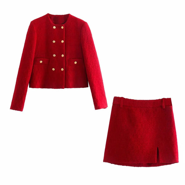Conjunto de Lã Vermelho Blazer Curto Manga Longa e Saia Curta