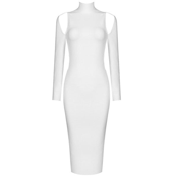 Vestido Midi Justo com Gola Alta e Manga Longa Costas Abertas