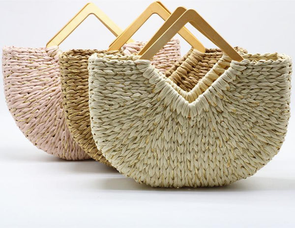 Bolsa Grande de Mão em Palha com Alça de Madeira Praia