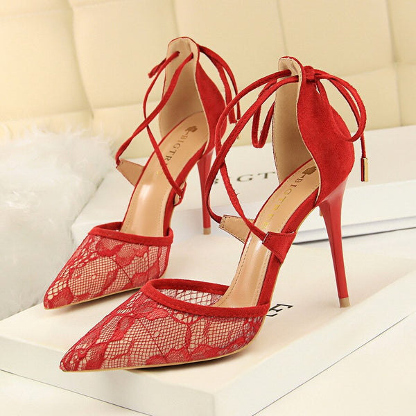 Pumps with Lace and Ties, Thin High Heel