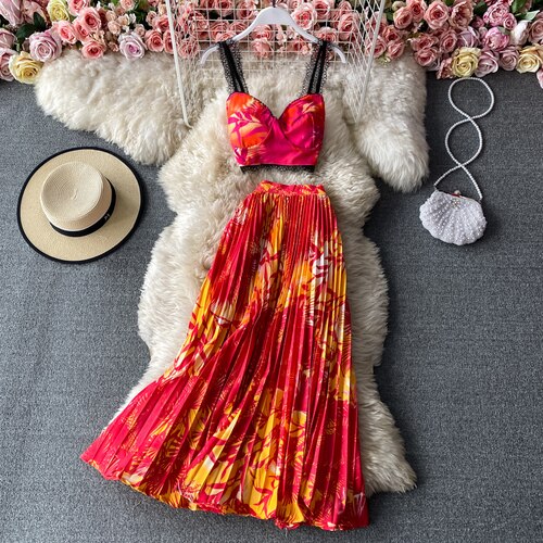 Pleated Midi Skirt and V-Neck Floral Print Cropped Top Set
