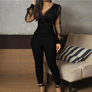 V-Neck Long Sleeve Glitter Skinny Jumpsuit 