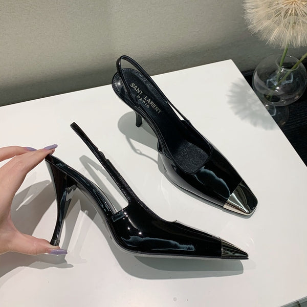 Black Patent Leather Pumps with Thin High Heels and Square Toe
