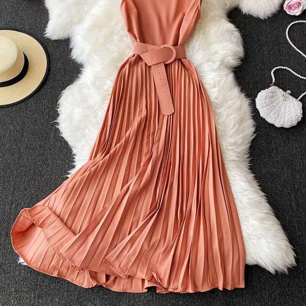 Vestido Midi Plissado Com Cinto sem Manga