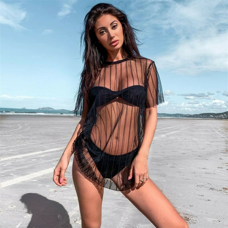 Camisa Alongada em Tule Mangas Curtas Praia