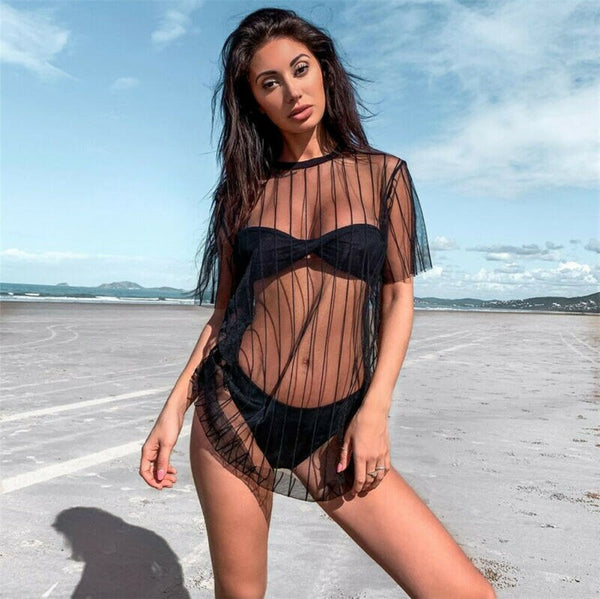 Camisa Alongada em Tule Mangas Curtas Praia