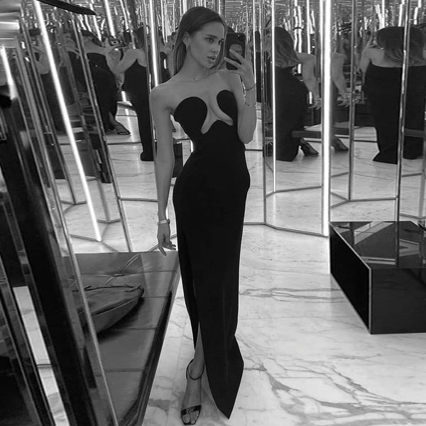 Vestido Longo Tomara que Caia com Fenda e Decote V Profundo Preto