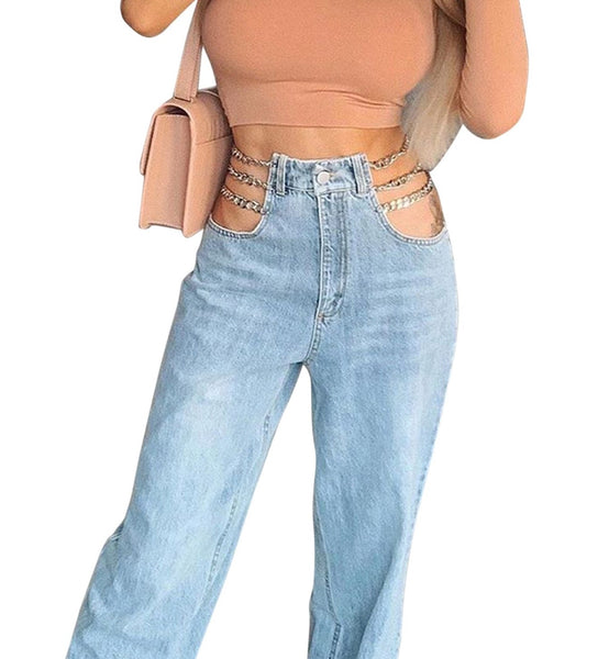 Calça Jeans Cintura Alta com Decoração em Corrente