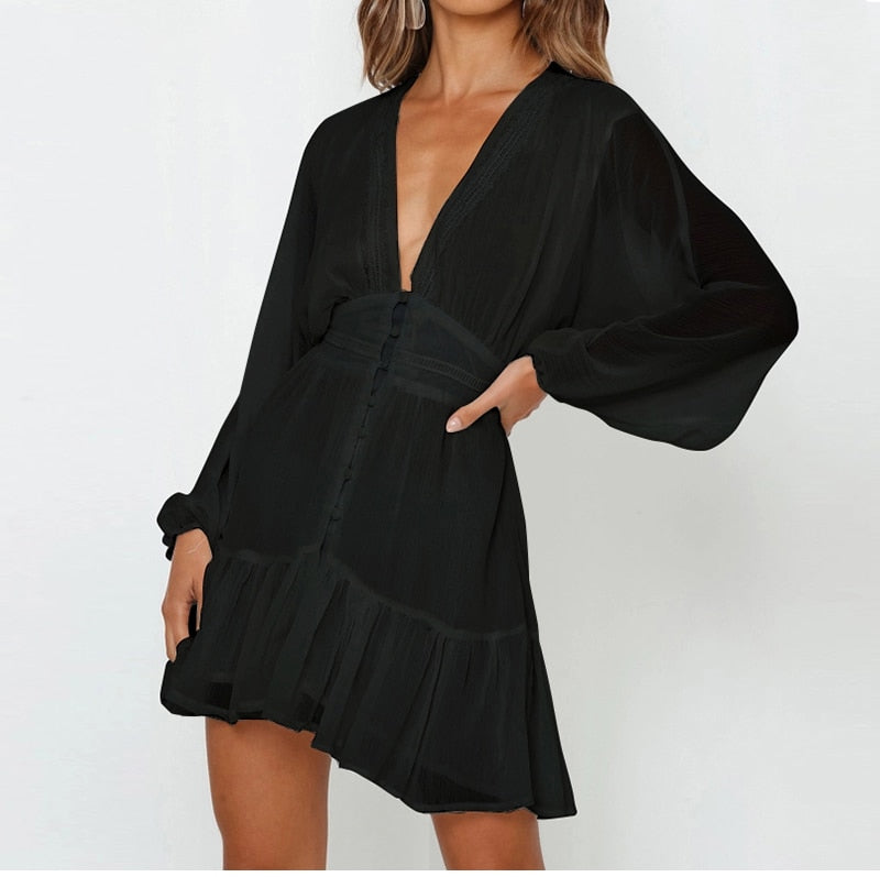 Vestido Curto Chiffon Manga Longa Decote V