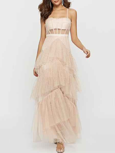 Vestido Longo de Alcinha com Renda e Babados Decote Reto