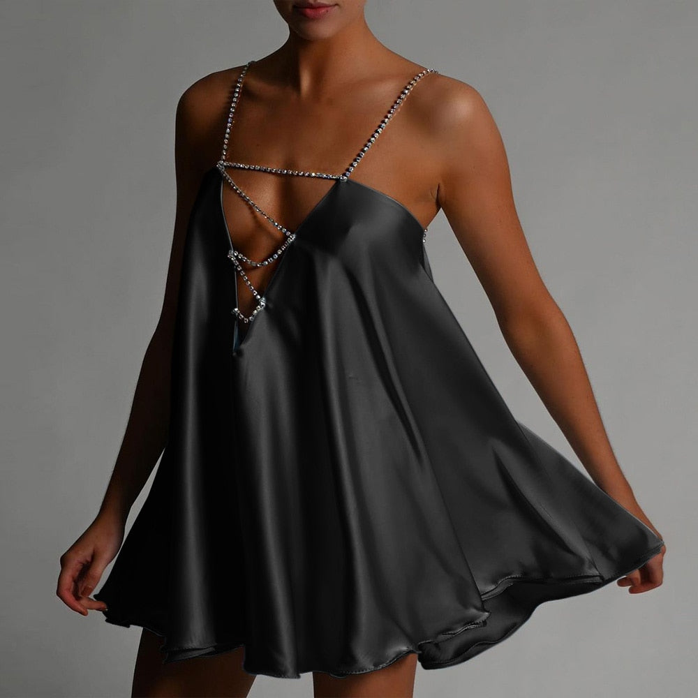 Short Satin Dress with Straps and V-Neckline with Open Back