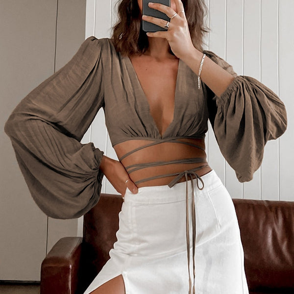 Cropped Manga Longa Bufante com Amarração