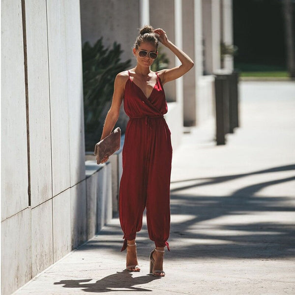 Floral V-neck Loose Strappy Jumpsuit 