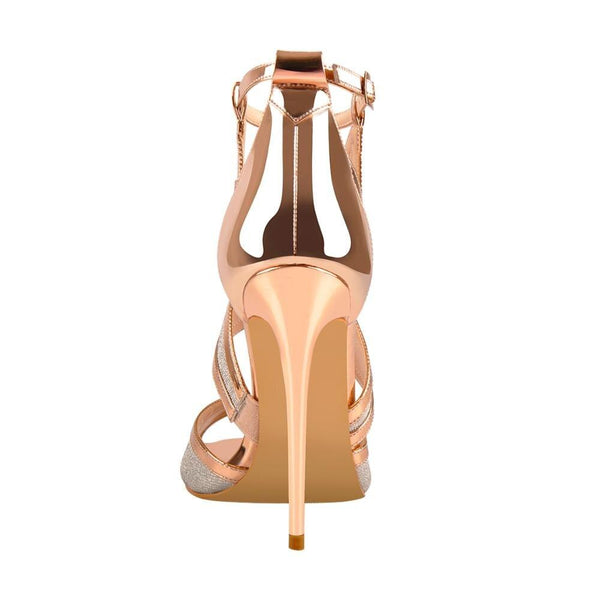 Sandália Peep Toe Metalizada Salto Alto Fino Champanhe