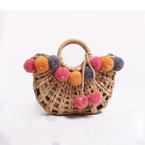Bolsa de Mão em Palha Artesanal com Borlas de Pompom Praia
