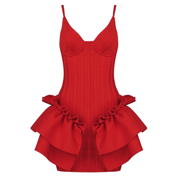 Vestido Curto Justo com Babados e Alcinha Decote V