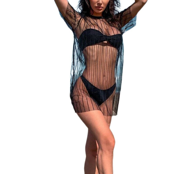 Camisa Alongada em Tule Mangas Curtas Praia