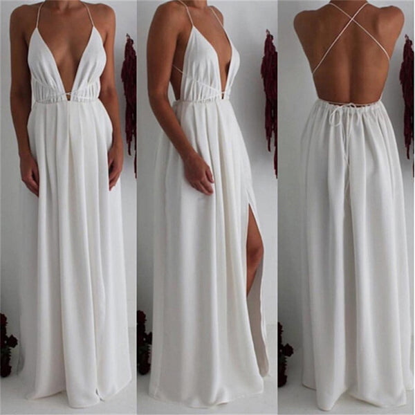 Vestido Longo de Alcinha Com Fenda e Decote V Aberto nas Costas