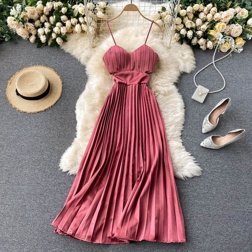 Vestido Longo Plissado Alcinha Decote V