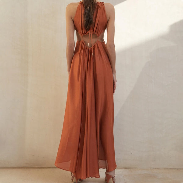 Vestido Longo Solto Sem Mangas Recorte na Cintura e Decote V