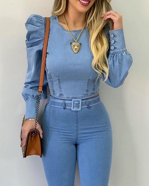 Cropped Jeans Manga Longa Bufante