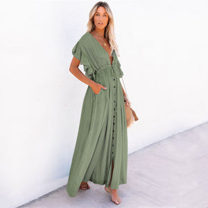 Vestido Túnica Longo com Mangas Curtas Decote V