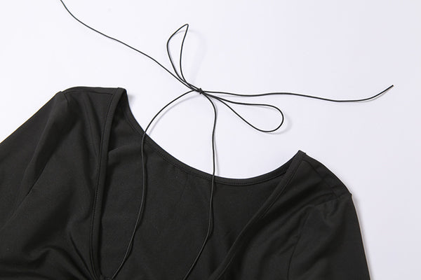 Vestido Longo Justo com Decote V Recorte na Cintura Manga Longa Preto