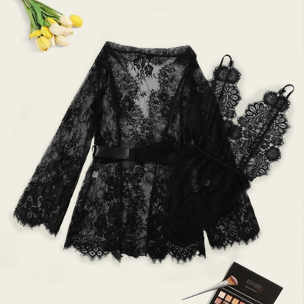 Conjunto de Lingerie Bodysuit e Camisola Curta com Manga Longa de Renda e Tule