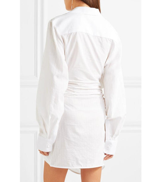 Vestido Curto Solto Assimétrico Decote V com Manga Longa e Amarração Branco