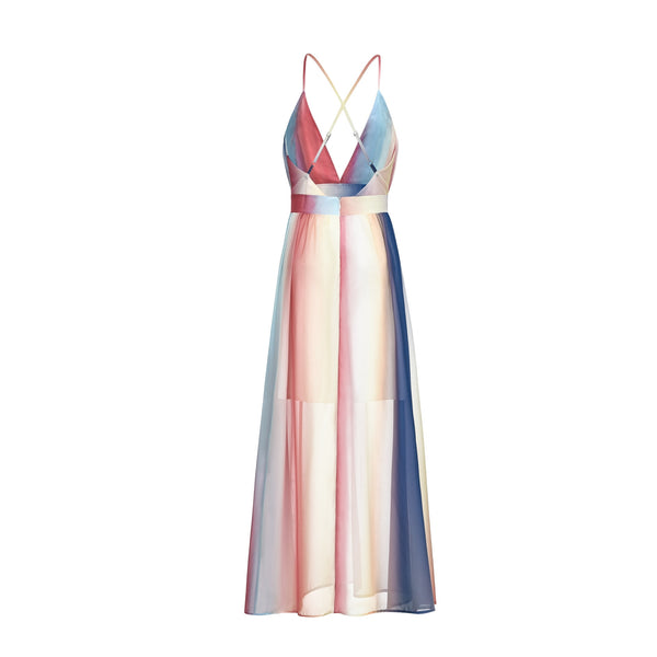 Vestido Longo de Alcinha Decote V Listrado Bloco de Cores
