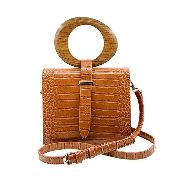 Bolsa Pequena de Couro Alça de Madeira