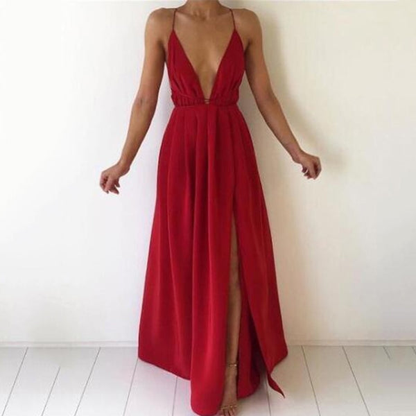 Vestido Longo de Alcinha Com Fenda e Decote V Aberto nas Costas
