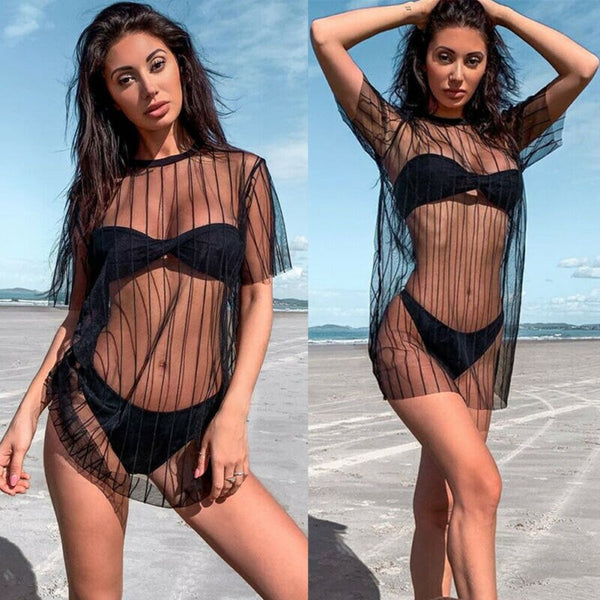Camisa Alongada em Tule Mangas Curtas Praia