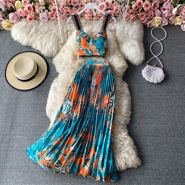 Pleated Midi Skirt and V-Neck Floral Print Cropped Top Set