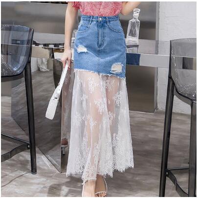 Long Lace Jeans Skirt