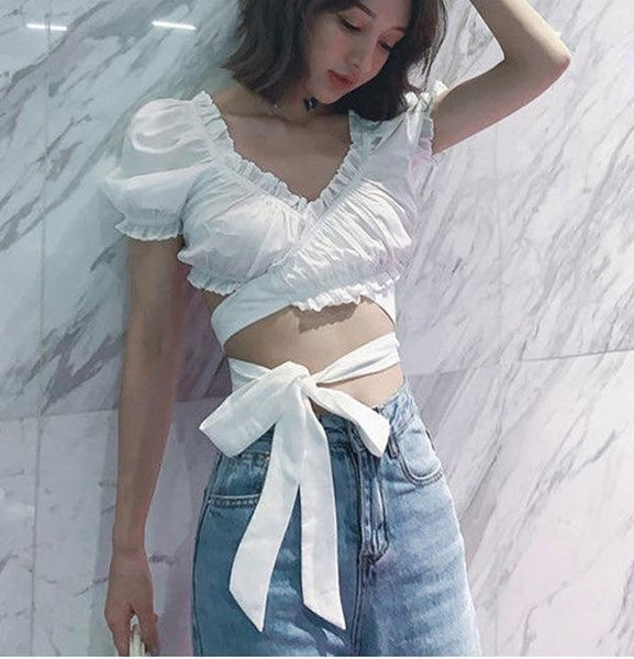 Cropped Transpassado Drapeado Manga Curta Bufante