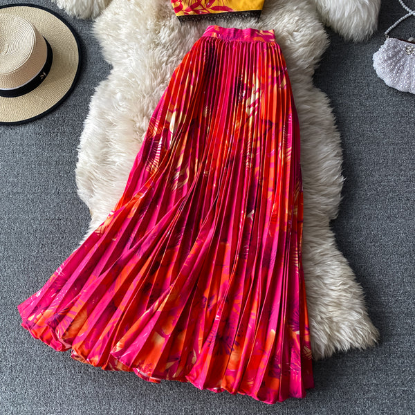 Pleated Midi Skirt and V-Neck Floral Print Cropped Top Set