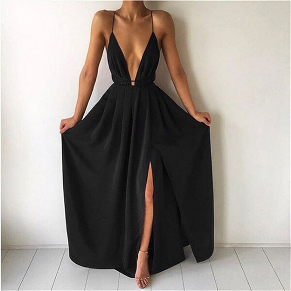 Vestido Longo de Alcinha Com Fenda e Decote V Aberto nas Costas