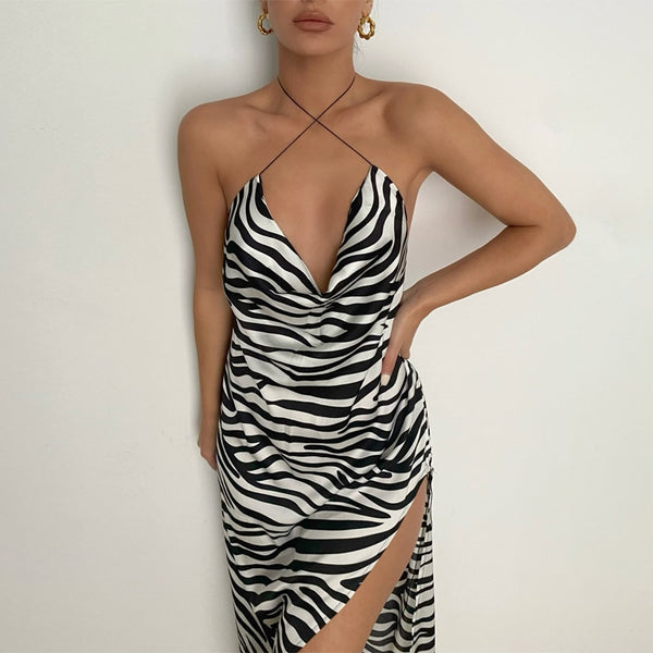 Vestido Longo Decote V Frente Única com Fenda Zebra