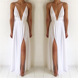 Vestido Longo de Alcinha Com Fenda e Decote V Aberto nas Costas