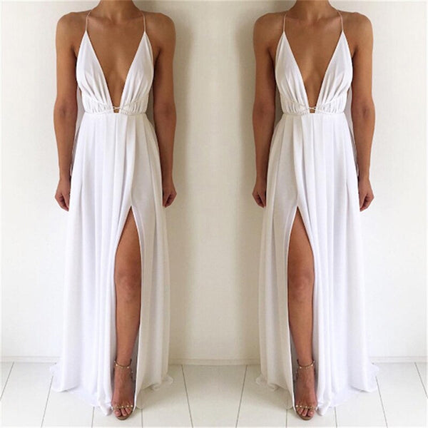 Vestido Longo de Alcinha Com Fenda e Decote V Aberto nas Costas