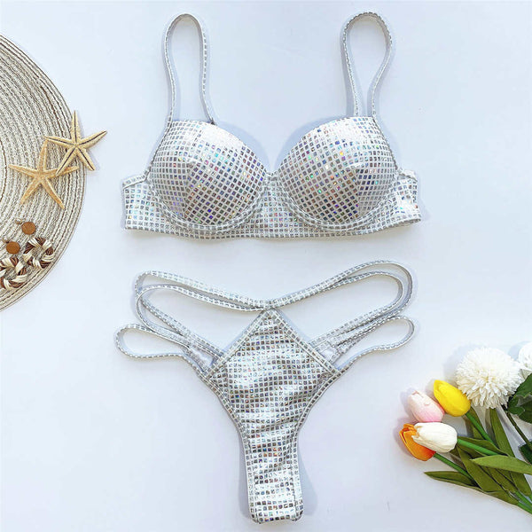 Conjunto de Biquíni Brilhante com Glitter e Lantejoulas Semi Fio
