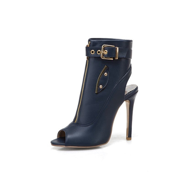 Bota Peep Toe de Couro Cano Curto Salto Alto Fino com Zíper e Fivela